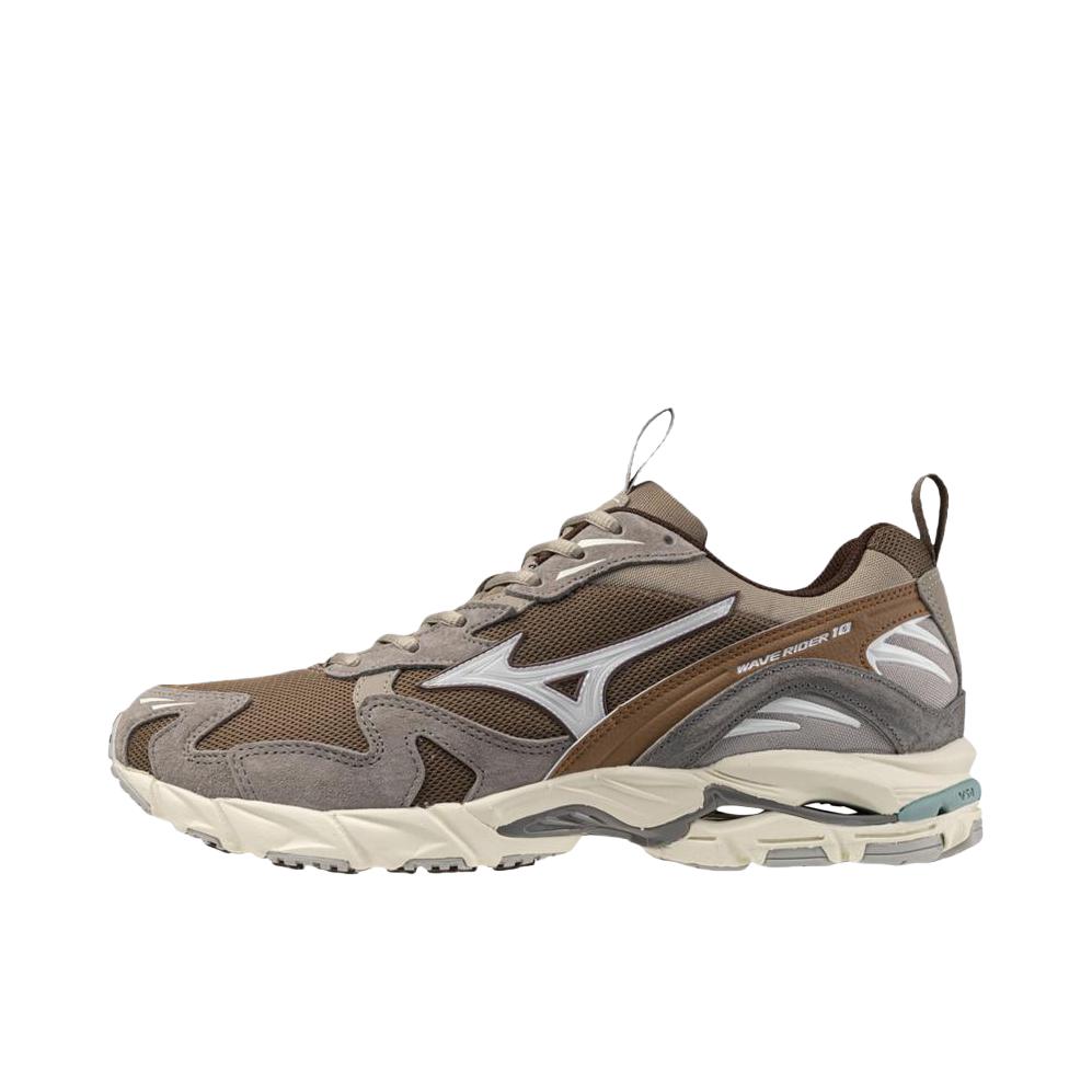推荐商品：Mizuno/美津浓  Wave Rider 10  经典减震 防滑耐磨 轻便  网布 透气 织物 复古 合成革 运动  跑鞋 深棕色