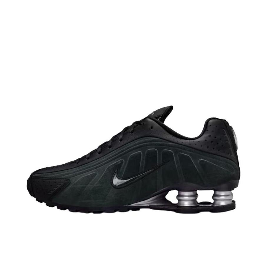 推荐商品：Nike Shox R4 跑鞋 气柱弹簧气垫防滑耐磨舒适减震复古百搭合成革回弹支撑贴合短跑耐用 黑色/银色 