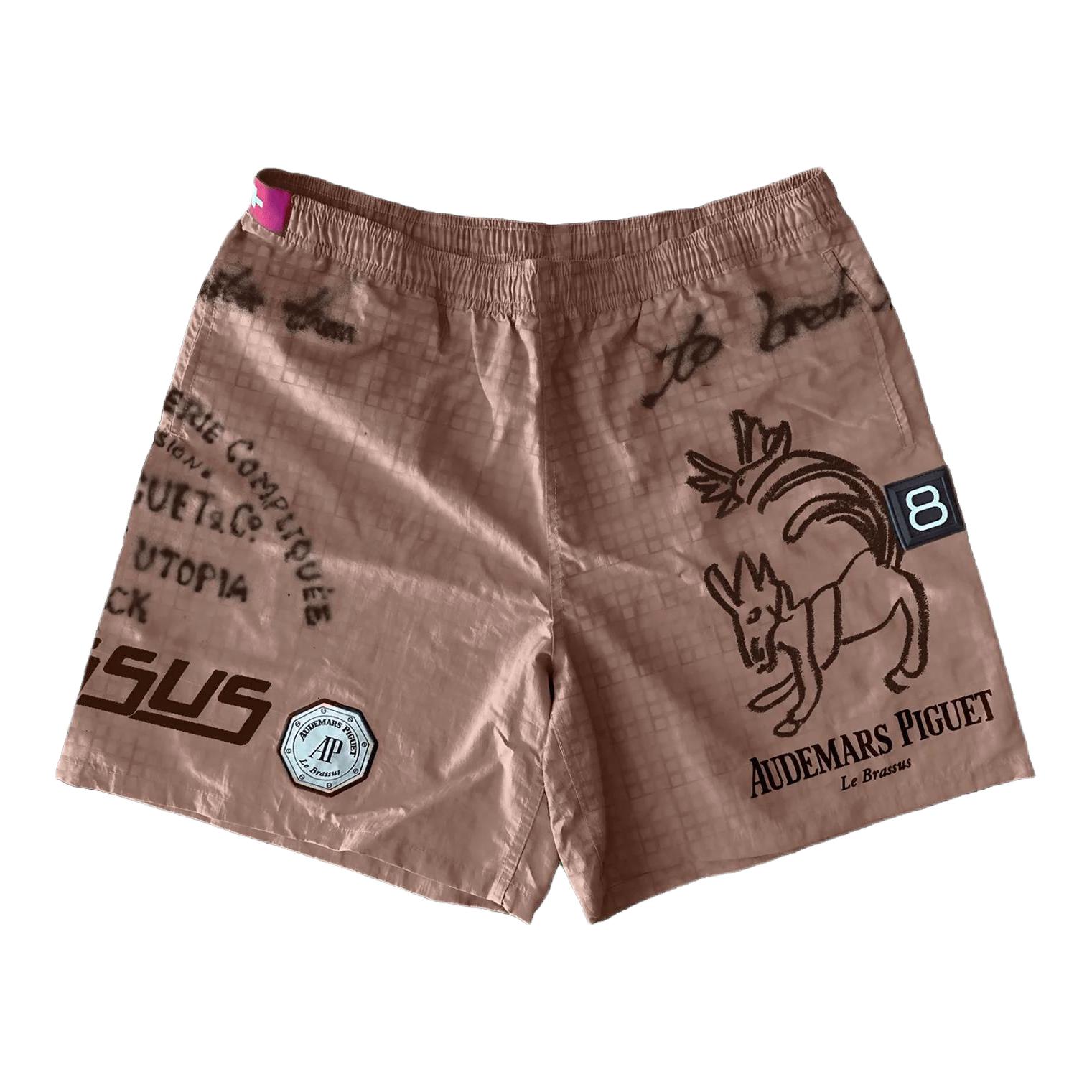 推荐商品：Travis Scott Cactus Jack x AUDEMARS PIGUET 联名Logo刺绣印花格子休闲短裤 CJAP-PS19 褐