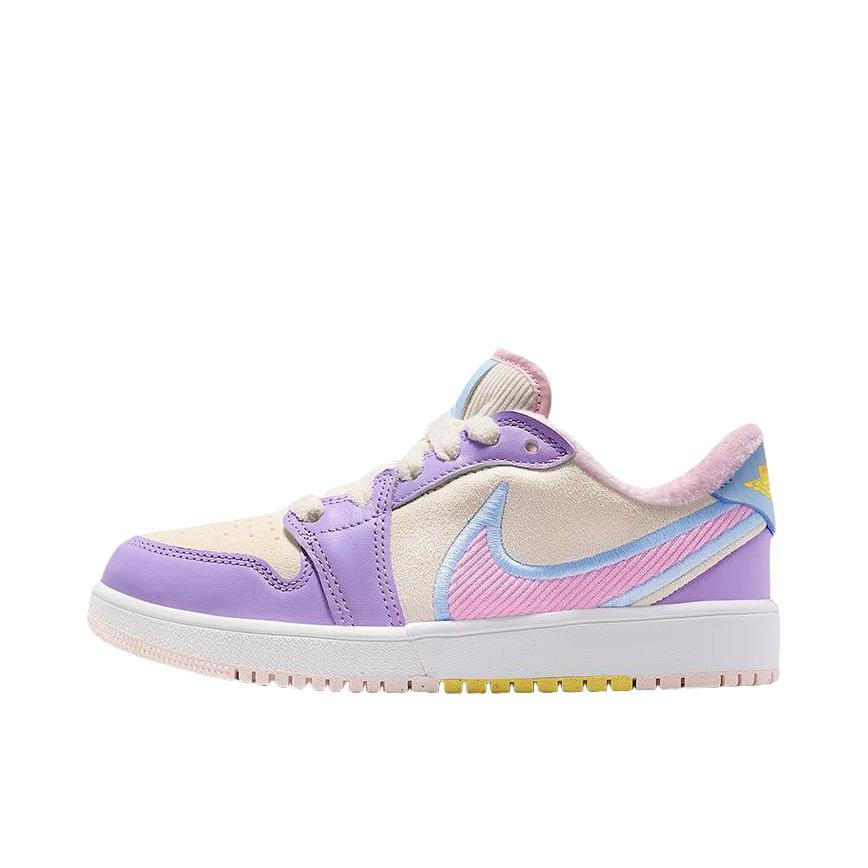 推荐商品：Jordan Air Jordan 1 RM 板鞋 低帮系带时尚耐磨训练复古 大童/帆白色/上升粉/白色/柔黄色/绣球花紫/柔粉色