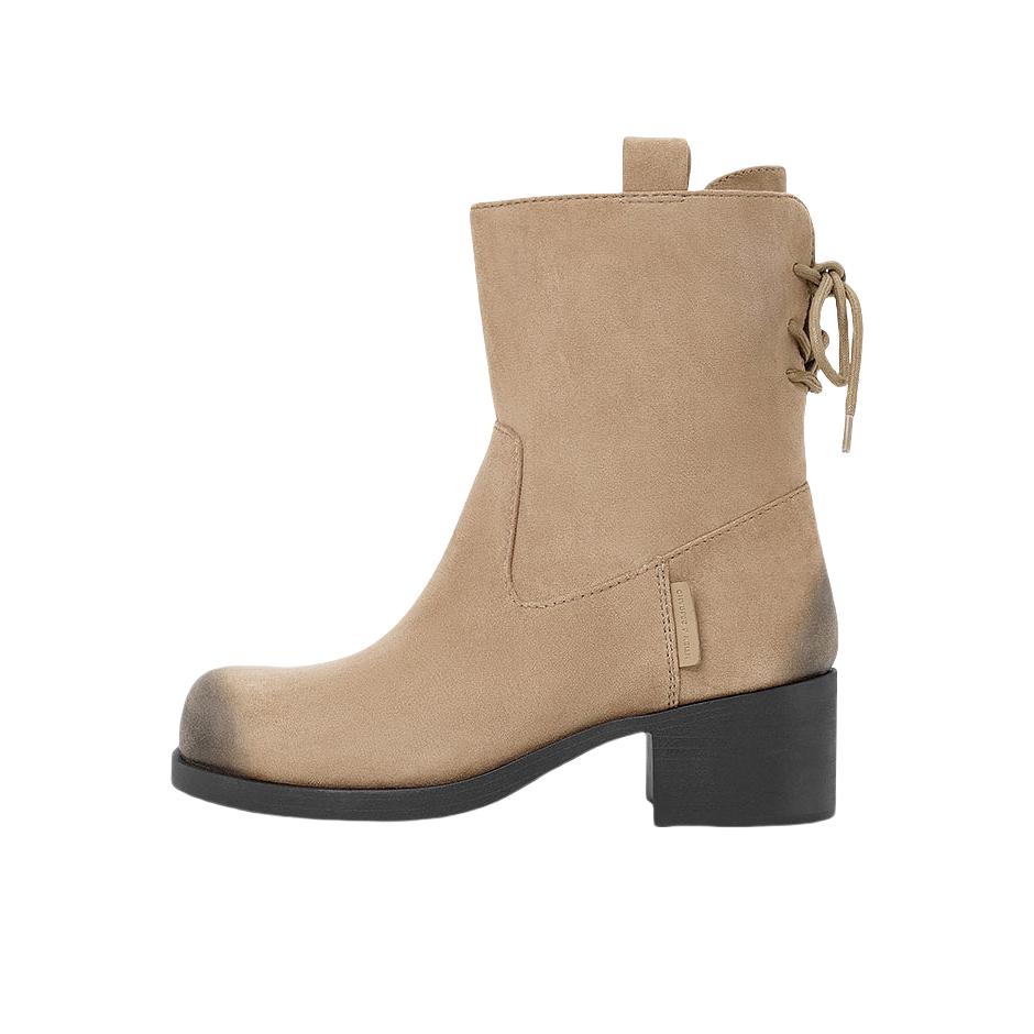 推荐商品：CHARLES&KEITH 时装靴 复古擦色粗跟 CK1-90580212 沙色