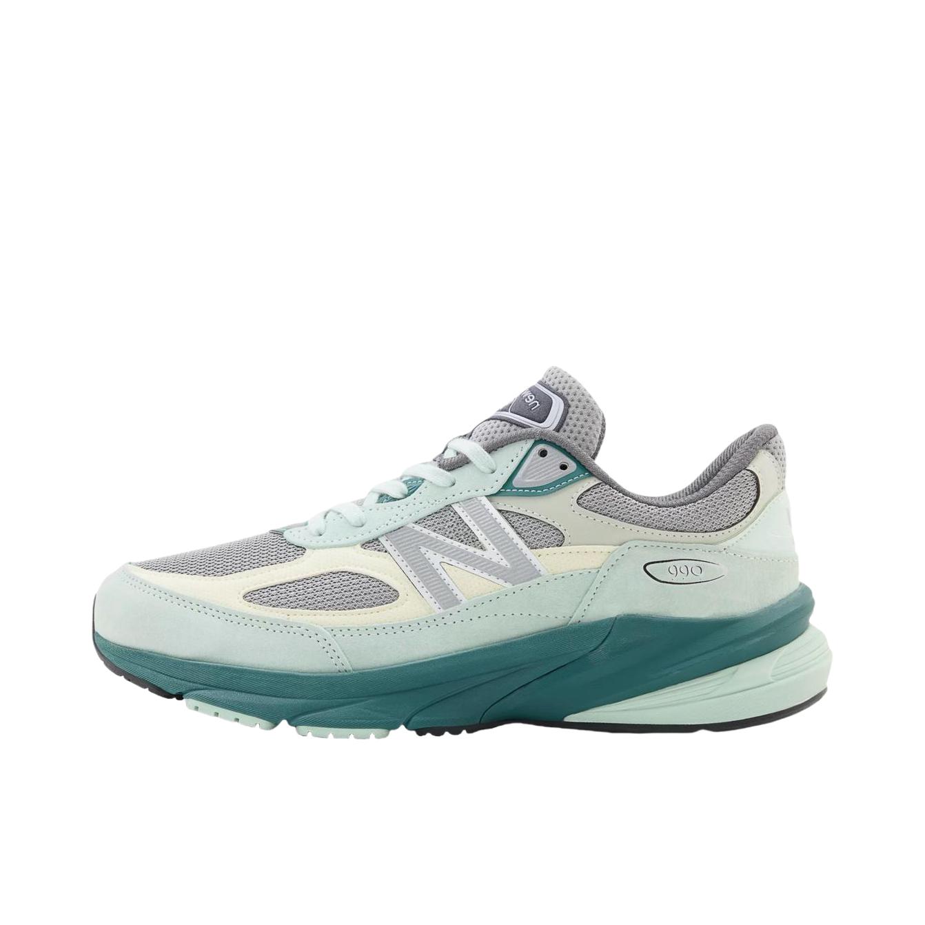 推荐商品：New Balance 990 V6 跑鞋 拼接网布绒面革织物合成革耐磨透气减震防滑支撑圆头 D宽/灰色/绿色