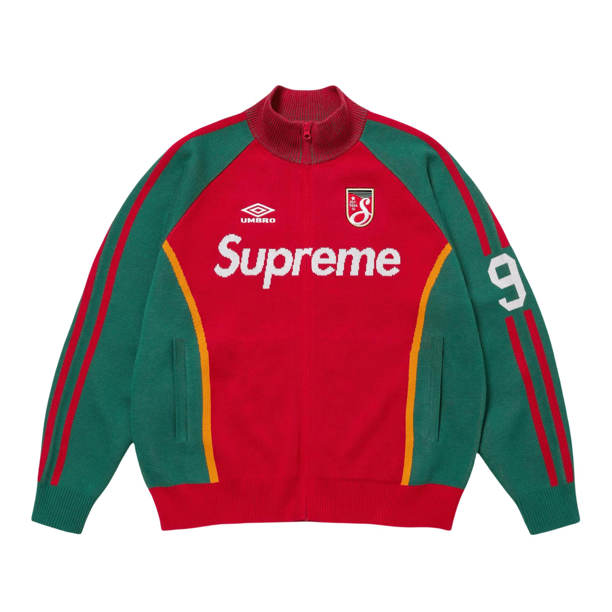 推荐商品：Supreme x Umbro/茵宝 联名拉链插肩袖立领长袖毛衣 SUP-SS25-236 红