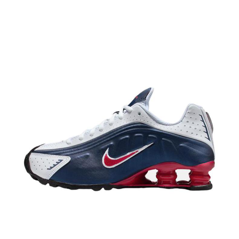 推荐商品：Nike Shox R4 跑鞋 气柱弹簧气垫防滑耐磨舒适减震复古百搭合成革回弹支撑贴合短跑耐用 白色/蓝色