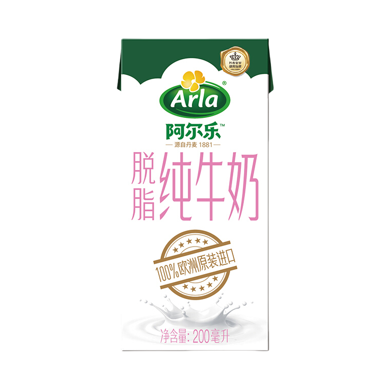 推荐商品：Arla/阿尔乐 脱脂纯牛奶 200ml