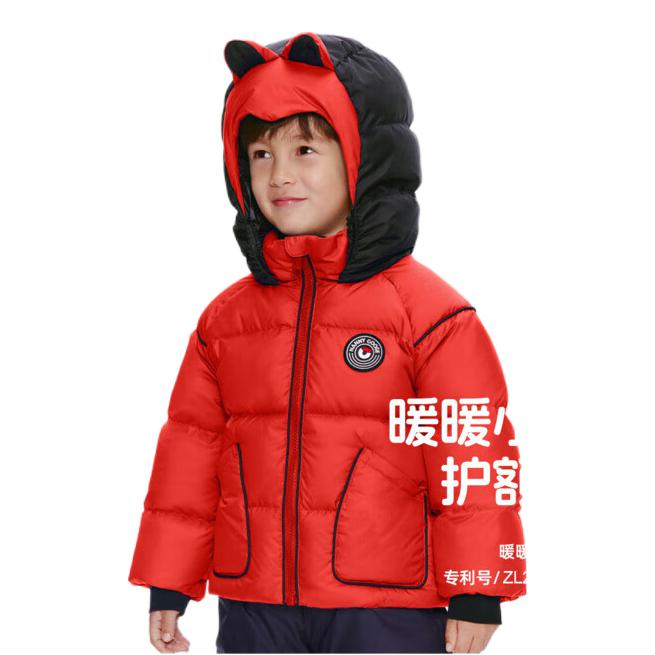 推荐商品：Nanny Goose/保姆鹅童装 连帽拼接防风短款羽绒服 中大童 NG2753 瓢虫红
