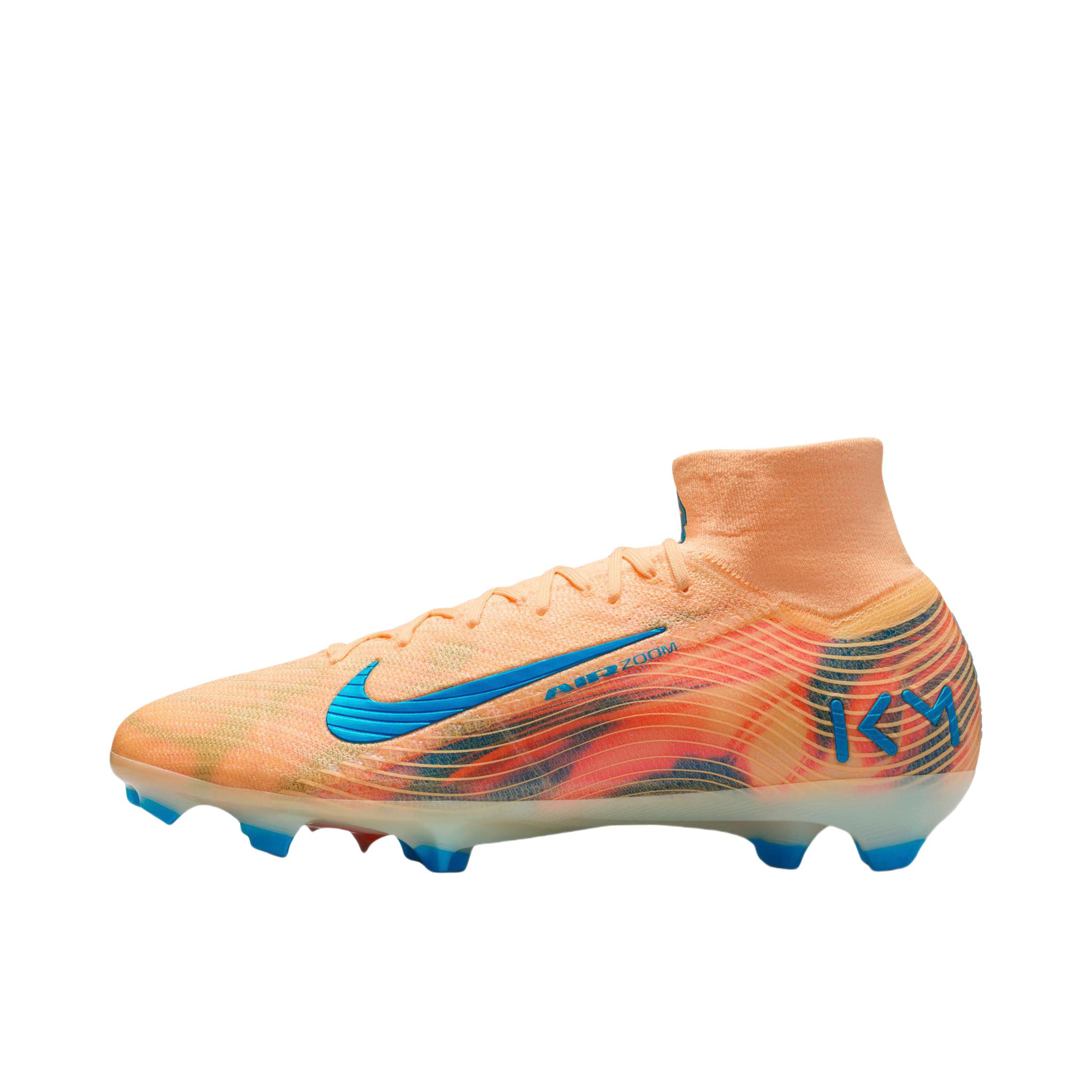 推荐商品：Nike Mercurial Superfly 10 Eilte FG 顶级 胶质长钉 硬天然草场 防滑耐磨 足球鞋 Kylian Mbappé联名/浅甜瓜橙/孔雀蓝/伊格鲁蓝