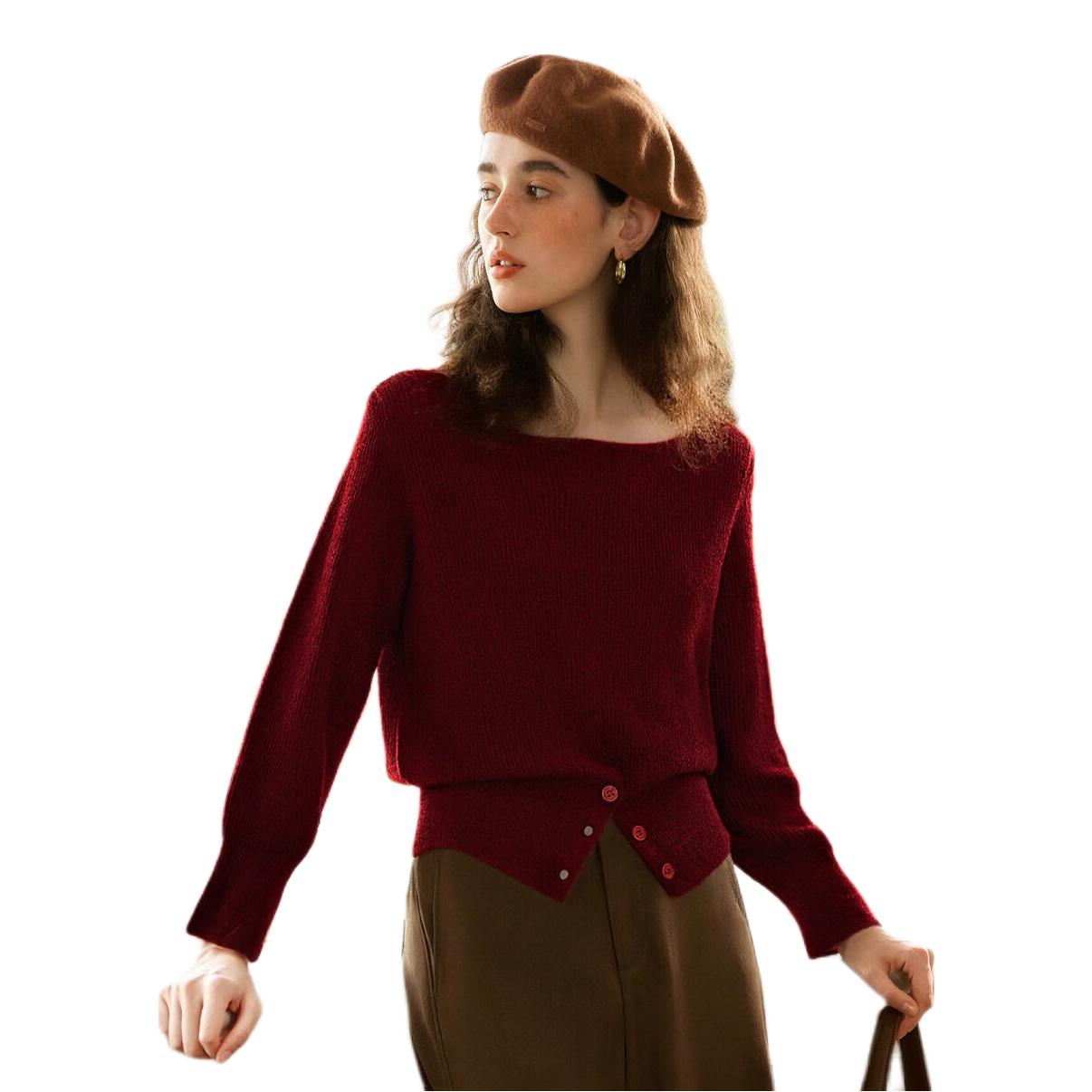 推荐商品：olrain/欧芮儿 法式一字领开叉下摆收腰毛衣 女装 M57CM95906 红