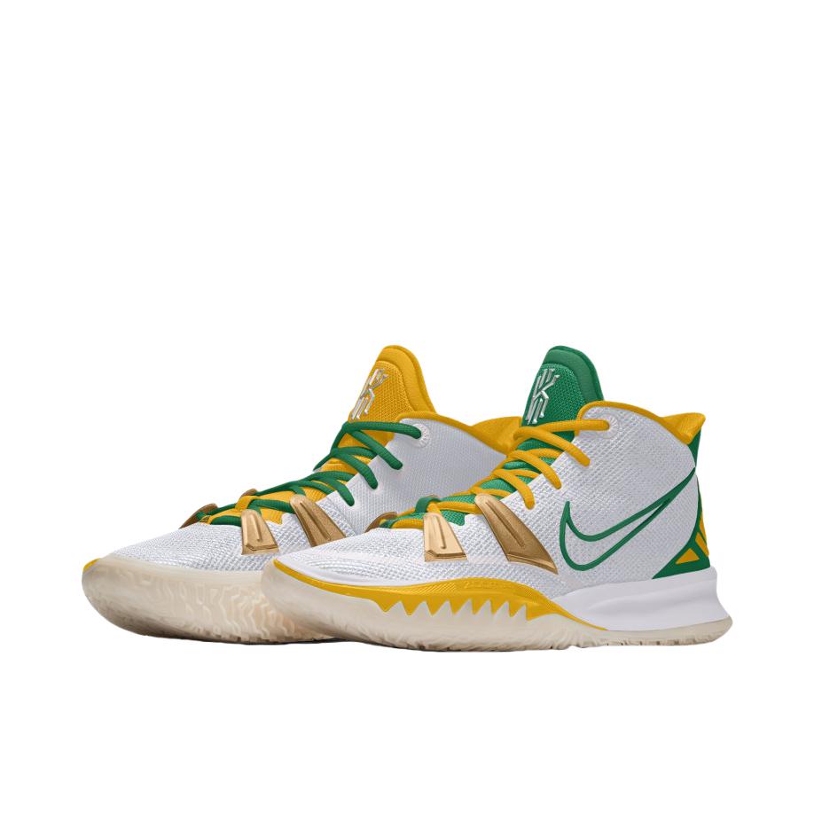 推荐商品：Nike Kyrie 7 欧文7 缓震 防滑耐磨 圆头 包裹性 实战 织物 支撑 防水 合成革 篮球鞋 鸳鸯款/黄色/绿色