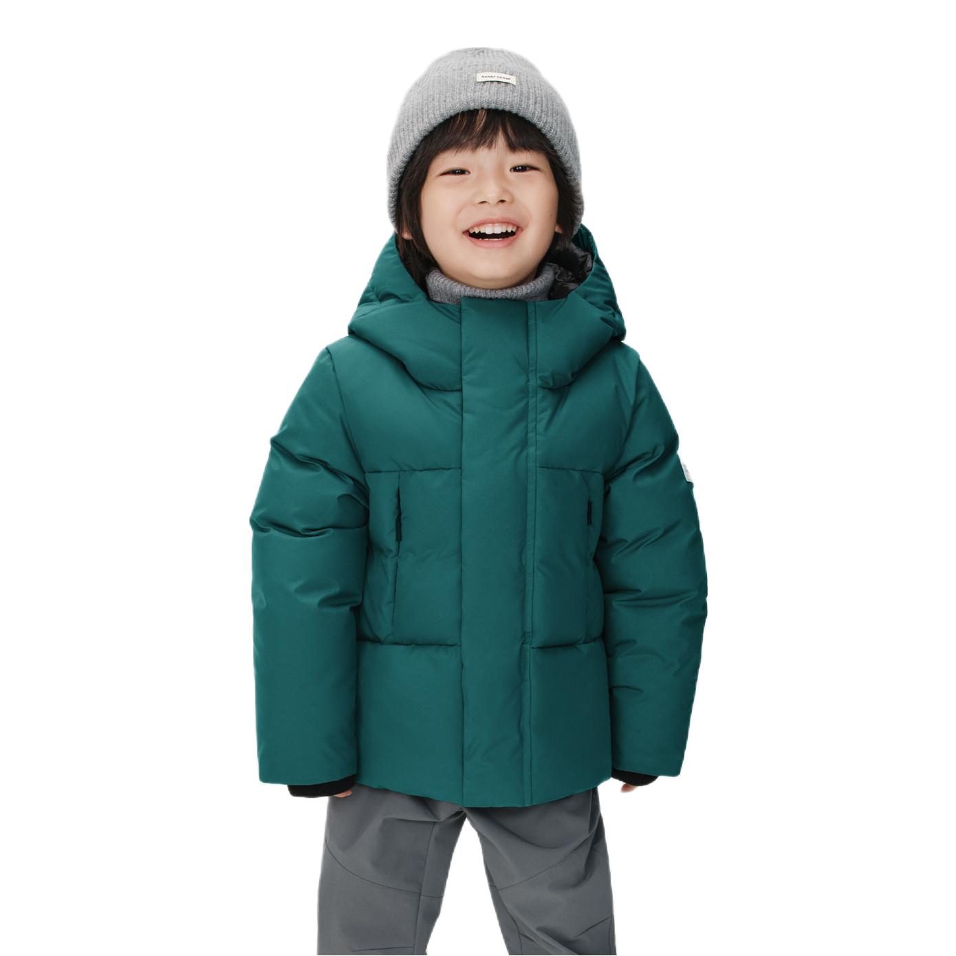 推荐商品：Nanny Goose/保姆鹅童装 连帽防风保暖短款长袖羽绒服 中大童 NG2782 松针绿