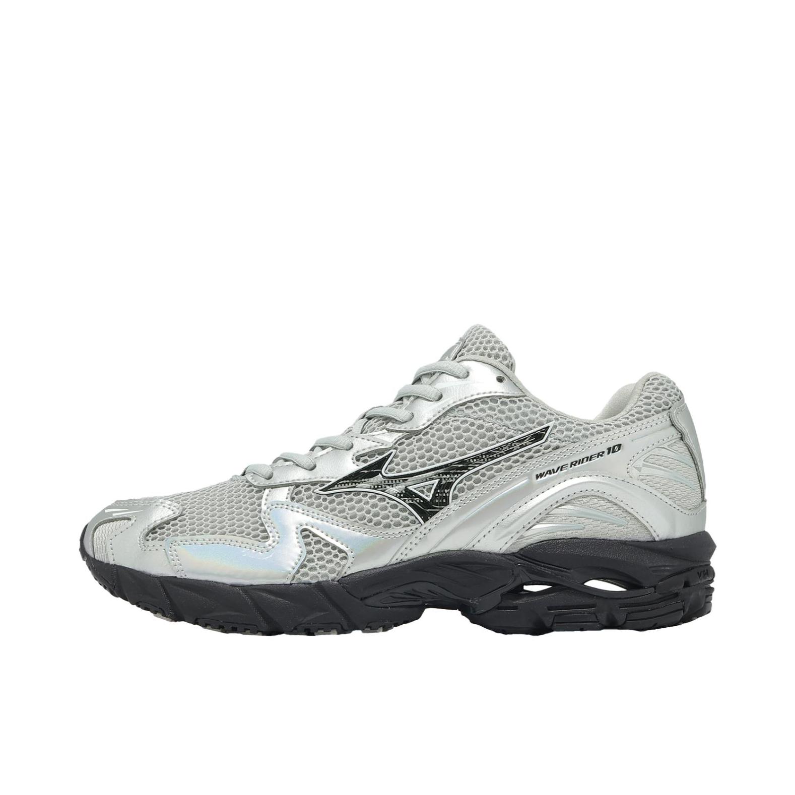 推荐商品：Mizuno/美津浓  Wave Rider 10  经典减震 防滑耐磨 轻便  网布 透气 织物 复古 合成革 运动  跑鞋 银色/黑色