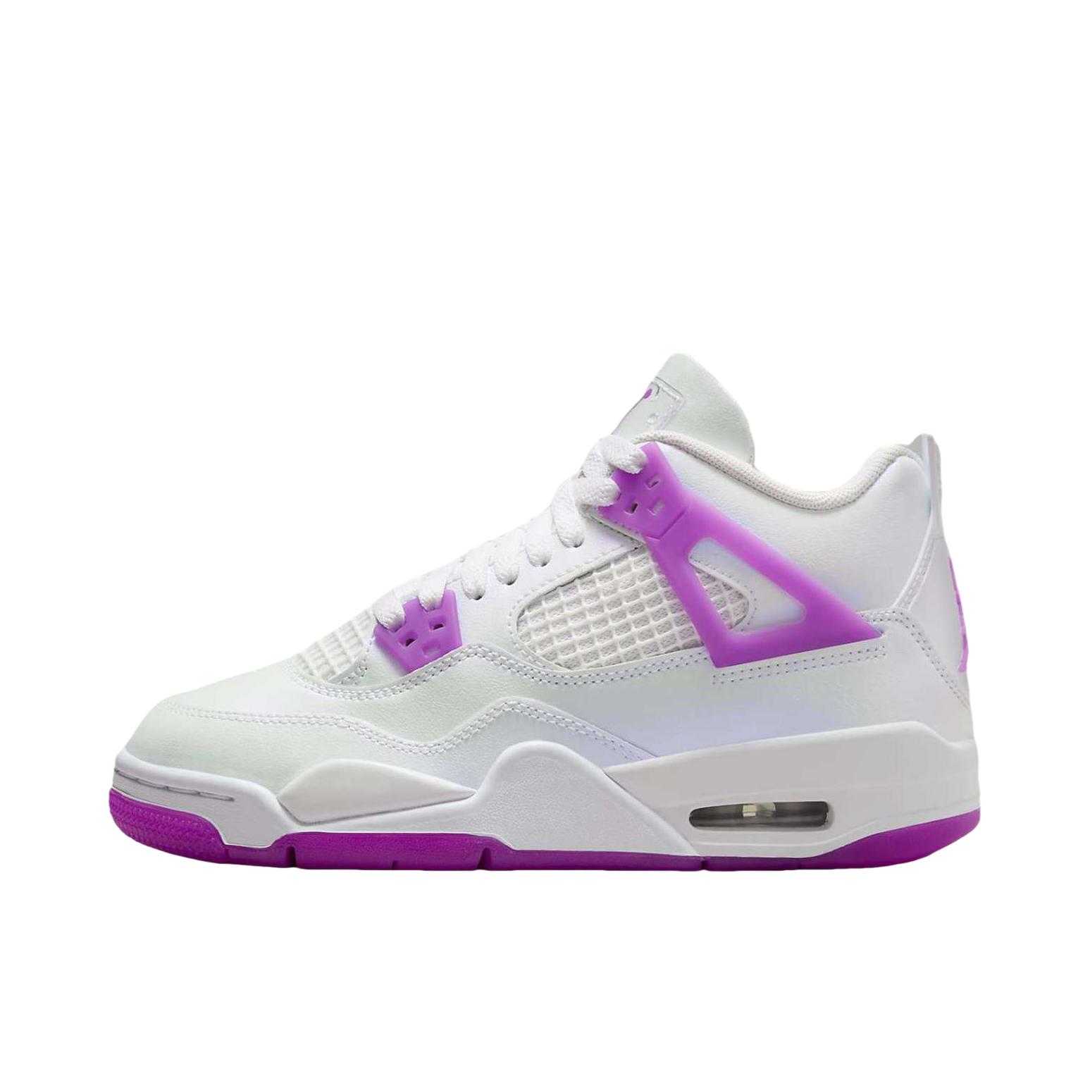 推荐商品：Air Jordan 4 运动休闲鞋 舒适缓震防滑耐磨复古简约时尚百搭支撑织物合成革轻质 大童/白色/纯紫色