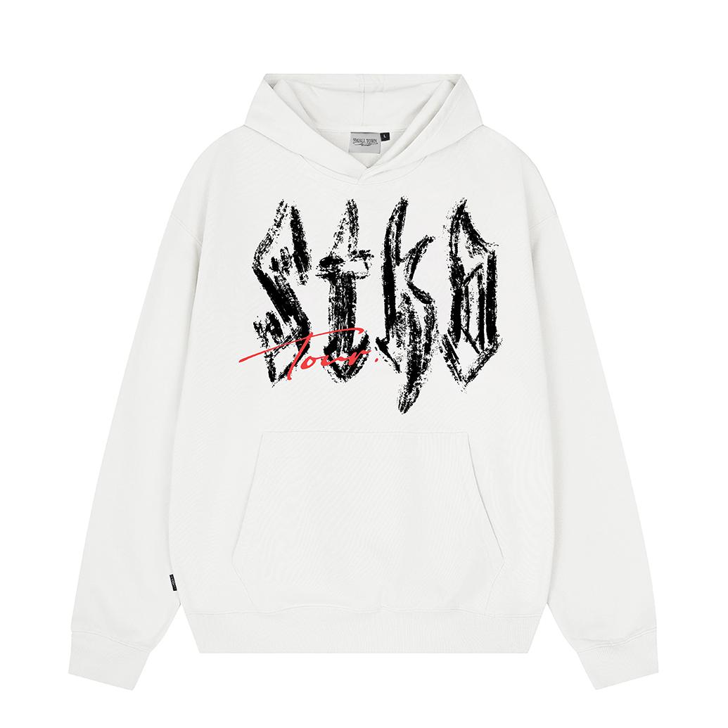 STK SMALL TOWN KID 套头落肩袖字母连帽长袖卫衣 STK25Q066 白