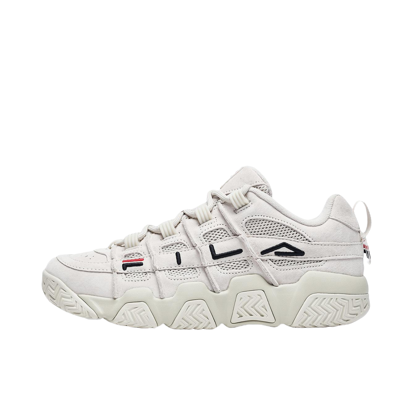 推荐商品：FILA/斐乐 Barricade 休闲时尚 复古 减震耐磨 舒适透气 轻便防滑 织物 合成革 面包鞋 老爹鞋 男款/燕麦色