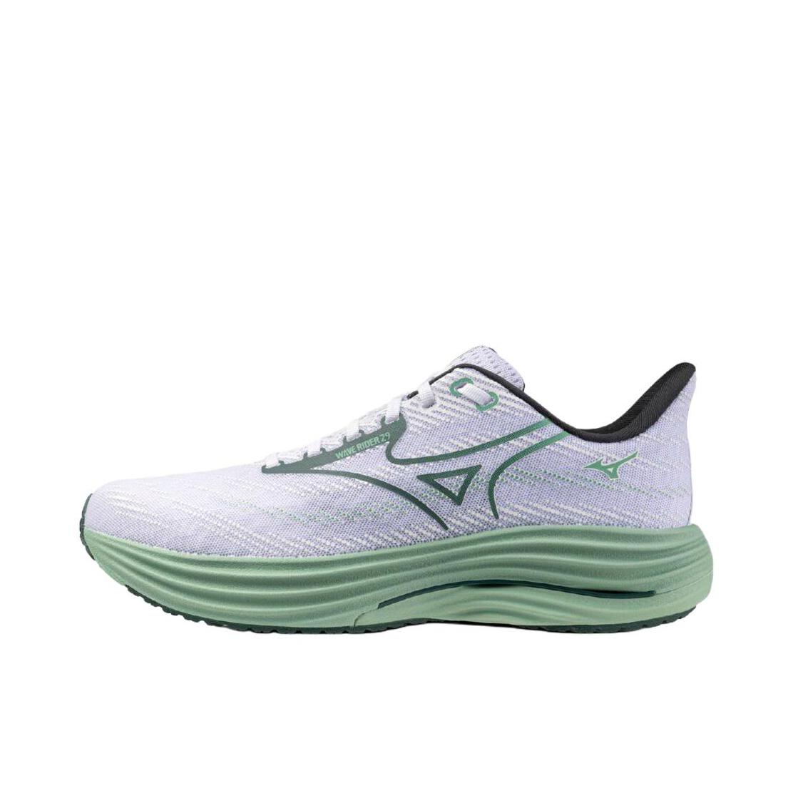 推荐商品：Mizuno/美津浓 WAVE RIDER 29 跑鞋 透气缓震舒适支撑回弹轻便贴合 白色/绿色