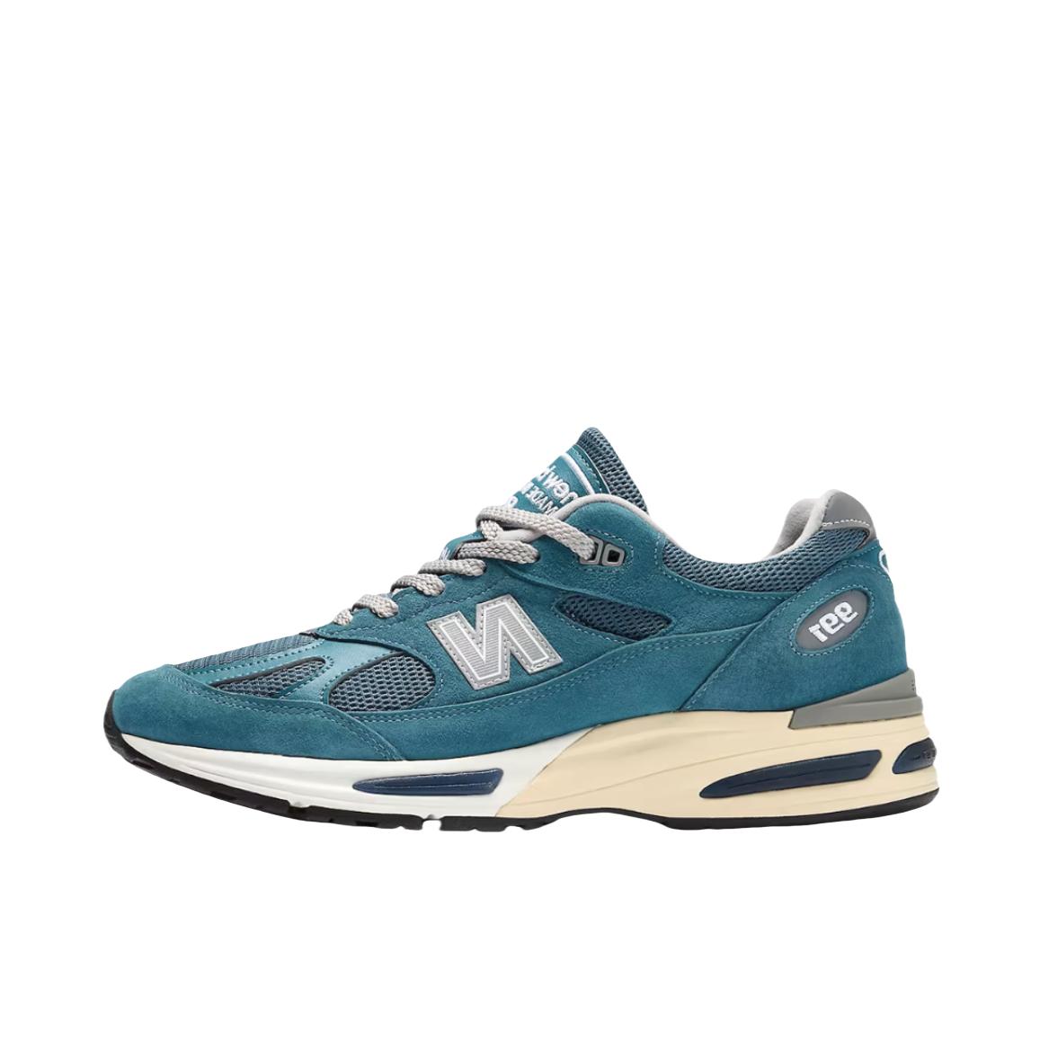 推荐商品：New Balance 991 v2 跑鞋 防滑耐磨网布透气绒面皮合成革舒适圆头复古贴合 蓝色/白色