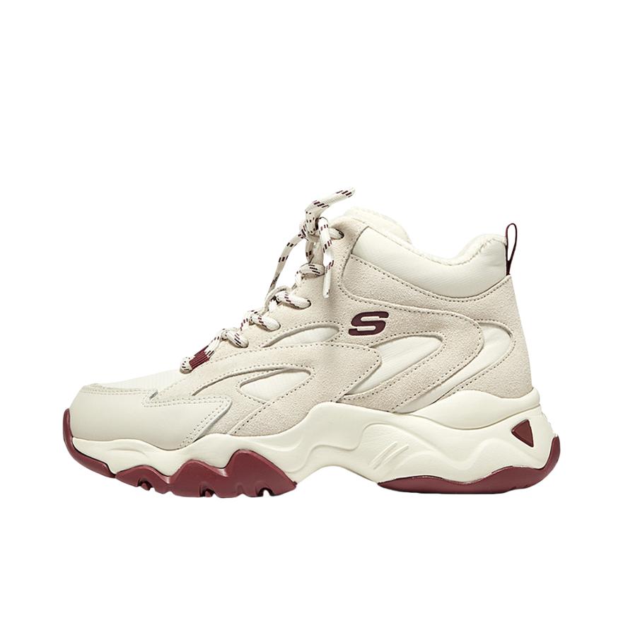 推荐商品：Skechers/斯凯奇  D'Lites 3.0  老爹鞋 熊猫鞋 复古厚底增高支撑 加绒/高帮/女款/白色/酒红色
