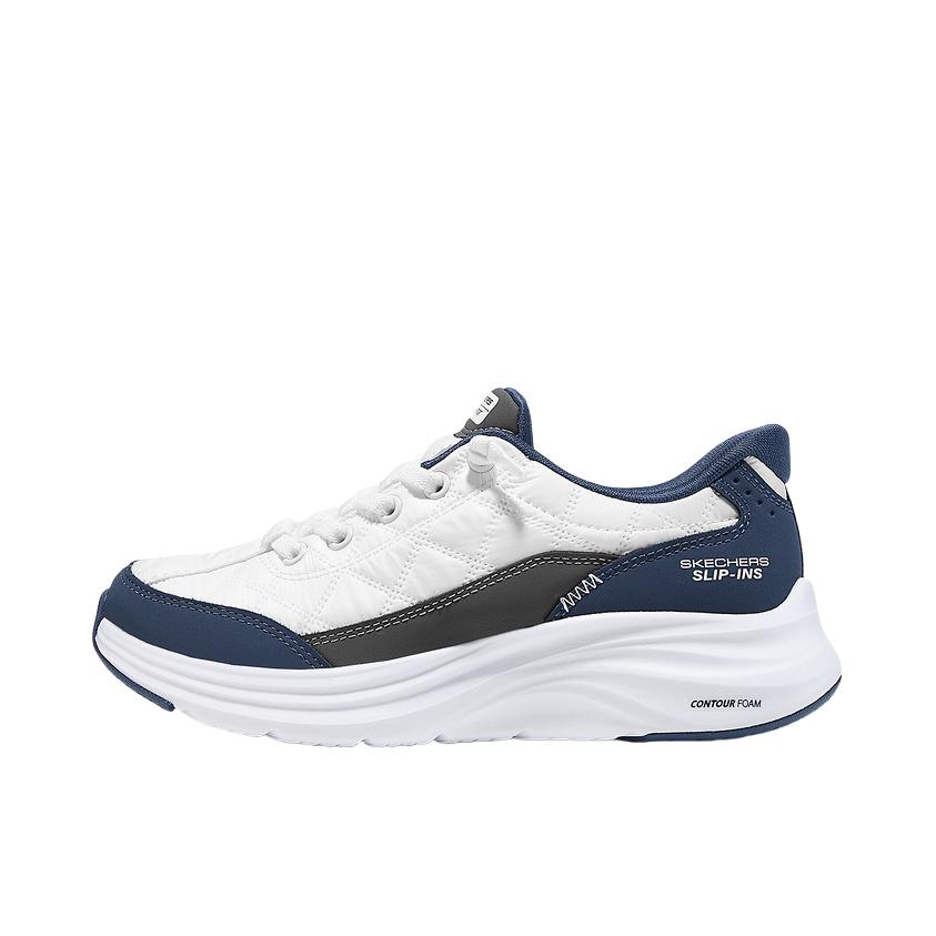 推荐商品：Skechers/斯凯奇 Slip ins 圆头 舒适支撑 防滑耐磨 缓震 复古百搭 一脚蹬 运动休闲鞋 女款/白色/蓝色