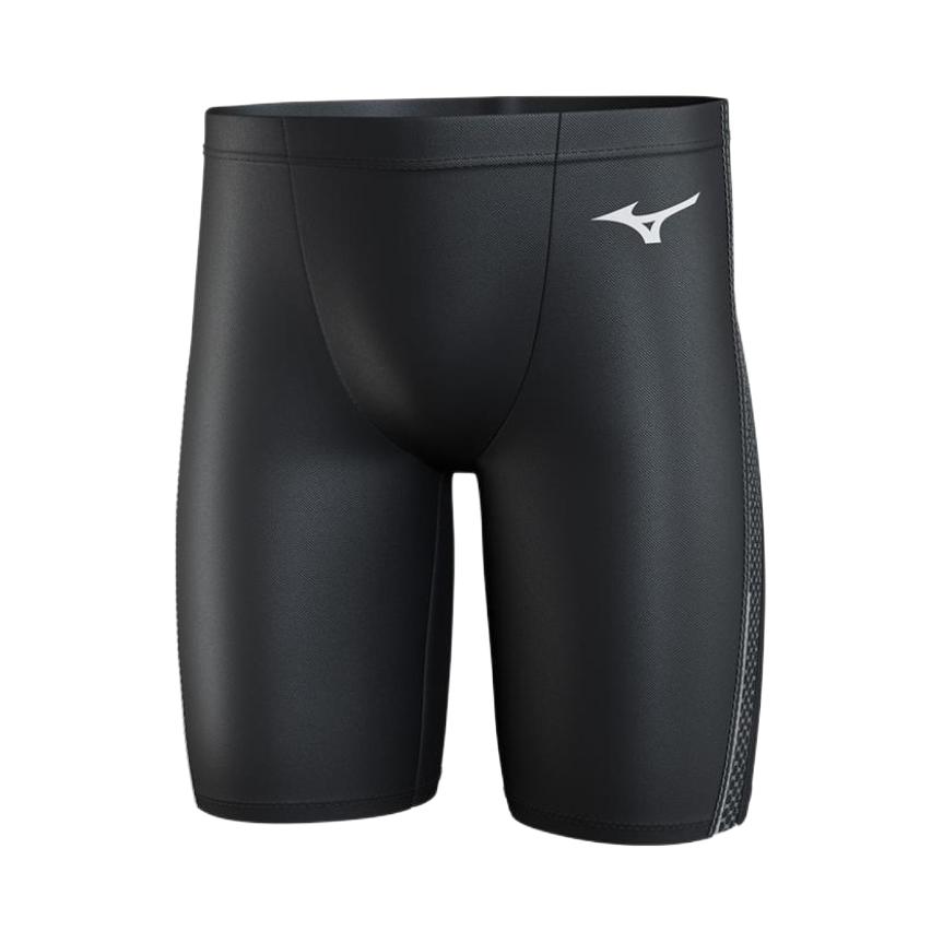 推荐商品：Mizuno/美津浓 纯色加大速干防尴尬抗氯大码男士平角泳裤 N2CBA101 黑银