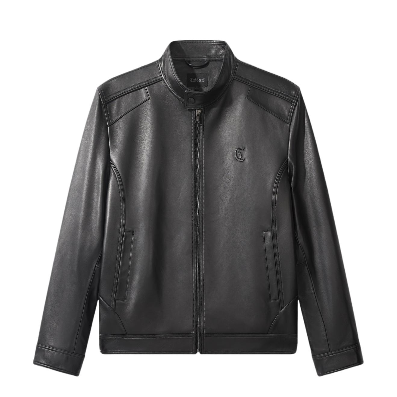 推荐商品：Cabbeen/卡宾 复古机车绵羊皮拼接长袖皮衣 3254122001 黑