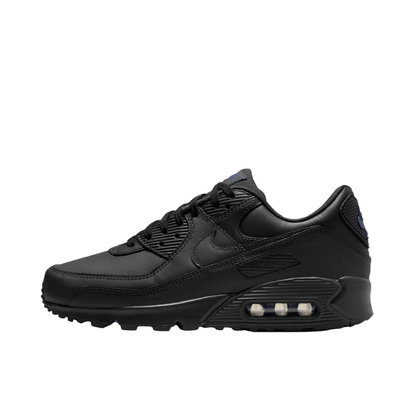 推荐商品：Nike Air Max 90 跑鞋 气垫合成革缓震透气复古增高圆头贴合拼接 纯黑色/深紫色