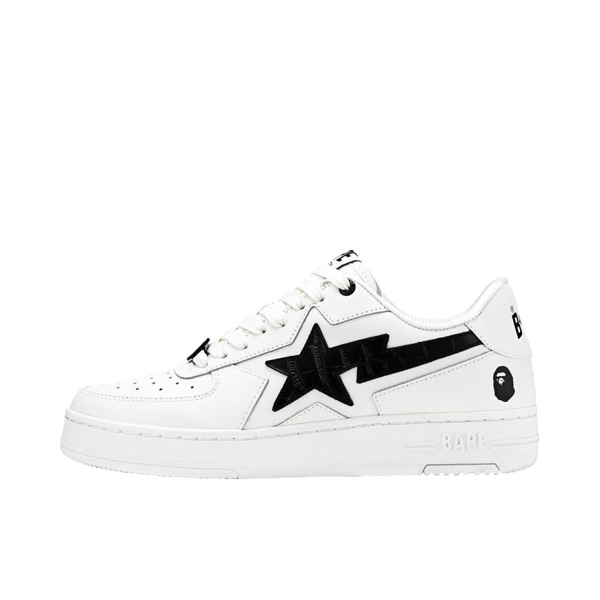 推荐商品：Bape Sta 板鞋 拼接舒适皮革防滑耐磨系带圆头时尚简约复古百搭牛皮压纹平跟徽标星星图案 黑色/奶白色