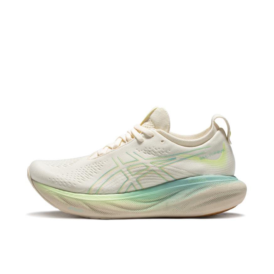 推荐商品：Asics/亚瑟士 Gel-Nimbus 25 跑鞋 稳定支撑缓震回弹舒适透气防滑耐磨防水织物轻量 米白色/青色