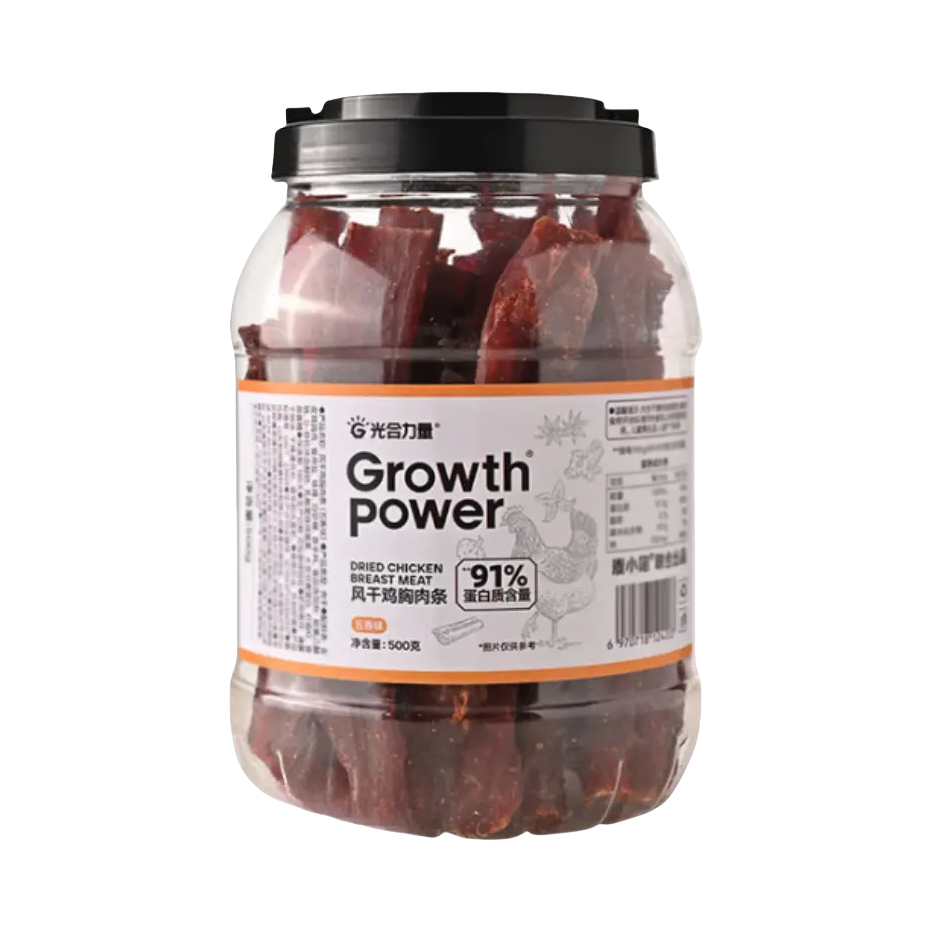推荐商品：Growthpower/光合力量 五香味 500g 风干鸡胸肉条 罐装 解馋耐吃耐嚼充饥减低