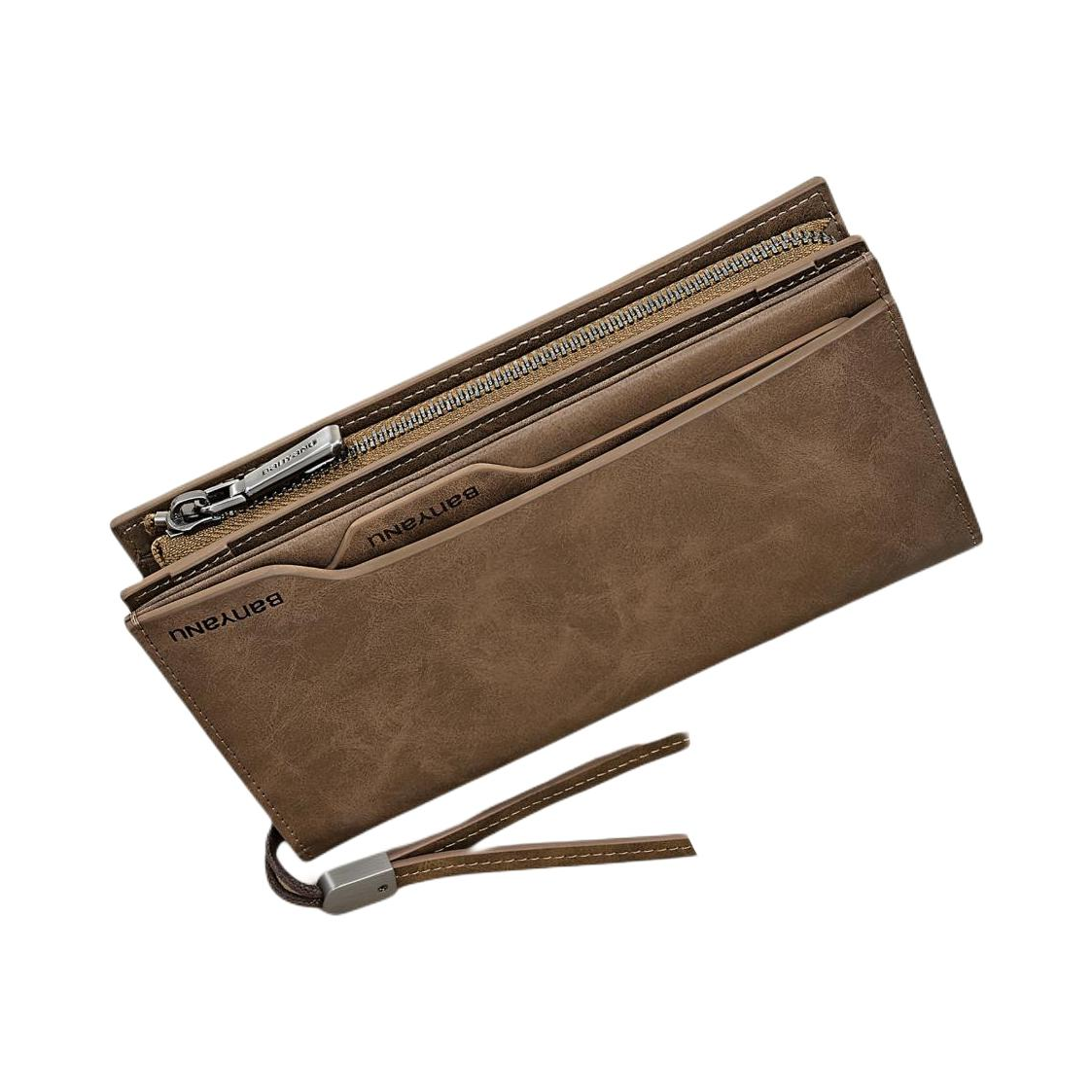 推荐商品：班亚奴 牛皮长款多卡位大容量独立可拆驾驶证套皮夹带拉链钱包手拿包