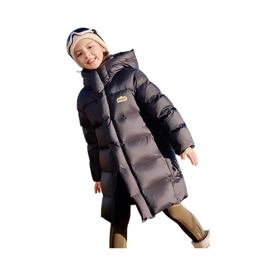 推荐商品：EBAER童装 中长款加厚连帽白鸭绒羽绒服 中大童 1125410040 浓墨黑