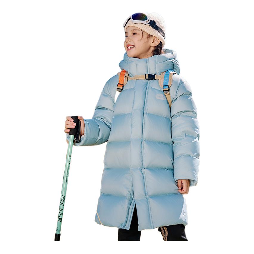 推荐商品：EBAER童装 中长款加厚连帽白鸭绒羽绒服 中大童 1125410040 冰河蓝