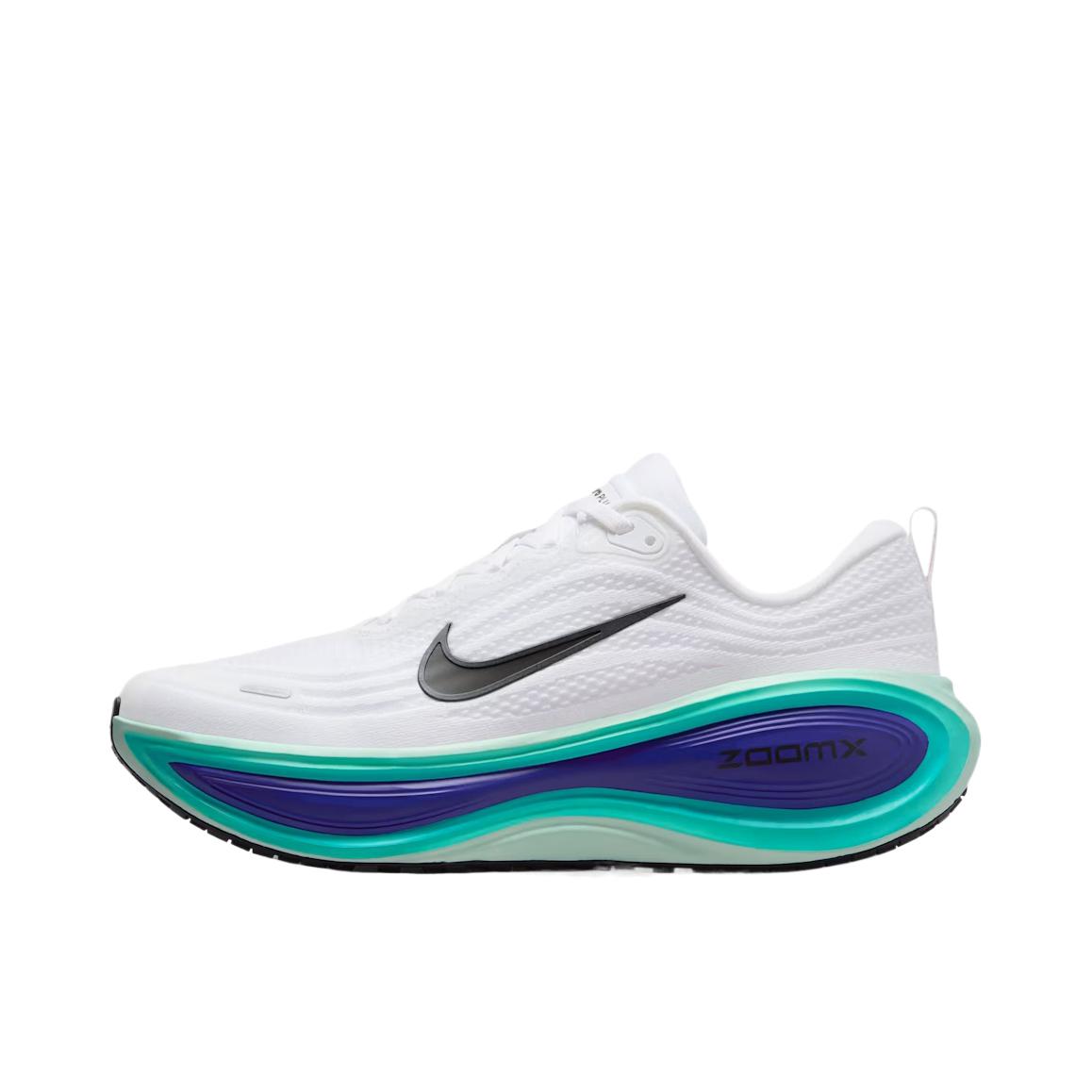 推荐商品：Nike Vomero Plus 超级迈柔 跑鞋 耐磨系带回弹网布支撑缓震轻便训练防滑贴合圆头 白色/绿色/蓝色