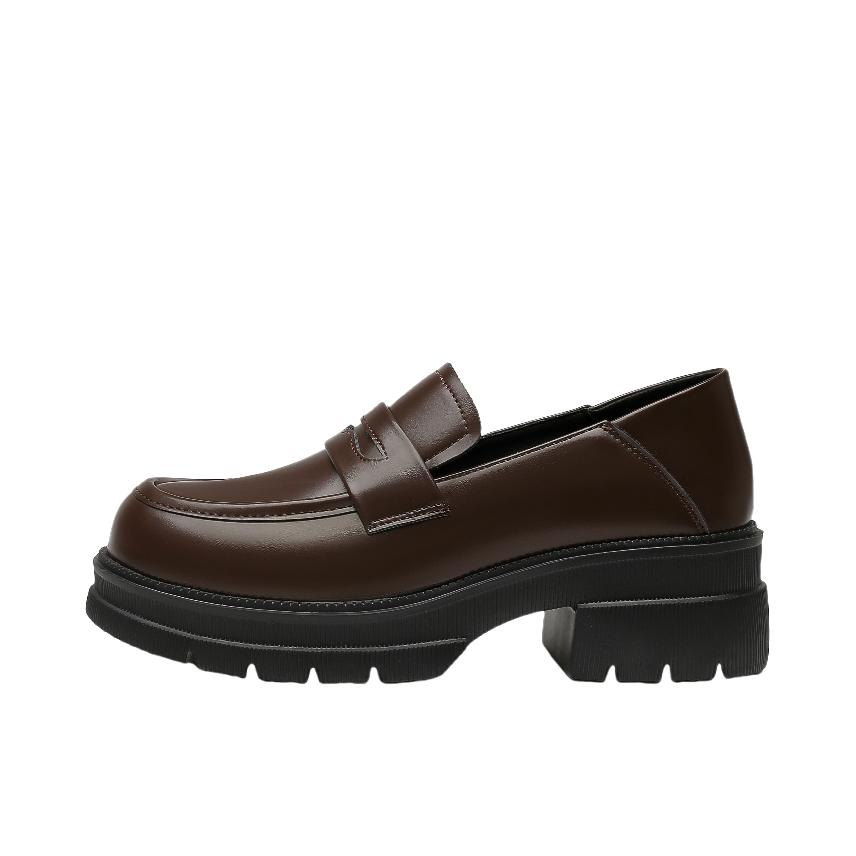 推荐商品：dusto 厚底 软皮 高跟 粗跟 单鞋圆头增高软底外穿套脚一脚蹬秋冬复古 咖啡色 