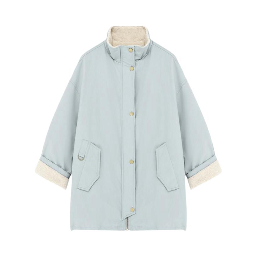 推荐商品：Basic House/百家好 韩版中长款加厚毛绒拼接棉服 女装 B06245S8922 蓝