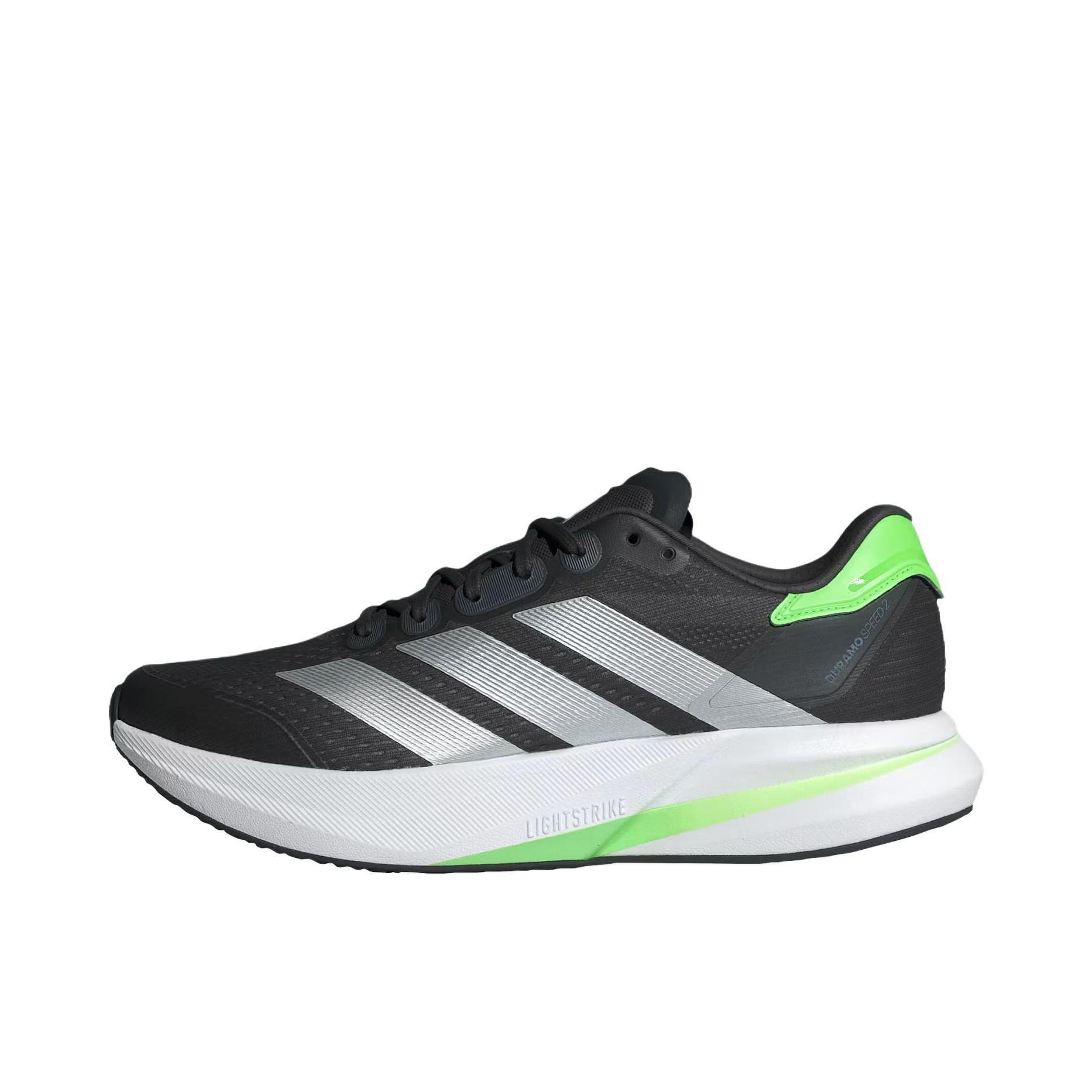 推荐商品：adidas Adizero Duramo SPEED 2 跑鞋 防滑耐磨舒适轻便低帮百搭时尚支撑备赛贴合回弹 碳黑色/哑光银/青柠色