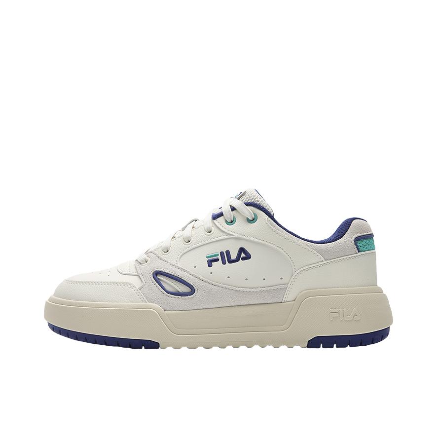 推荐商品：FILA/斐乐 CAMPUS 1S 板鞋 低帮圆头系带复古支撑增高 奶白色/深海蓝