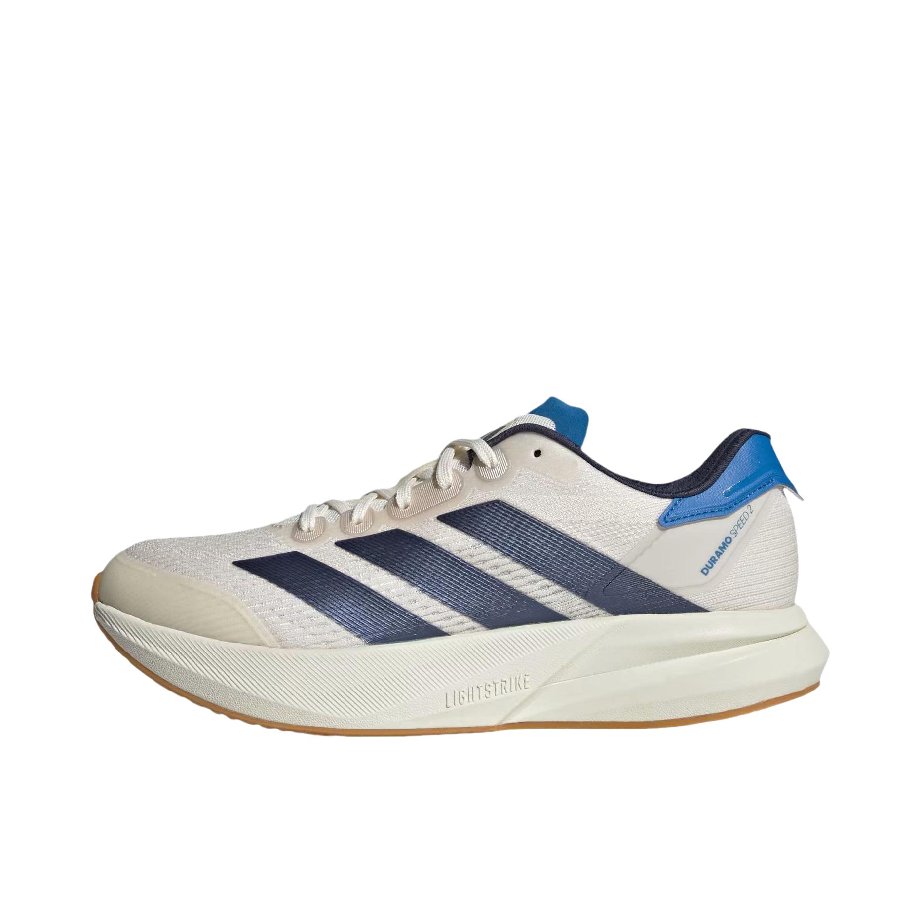 推荐商品：adidas Adizero Duramo SPEED 2 跑鞋 防滑耐磨舒适轻便低帮百搭时尚支撑备赛贴合回弹 粉笔白/暗影海军蓝/射线蓝 
