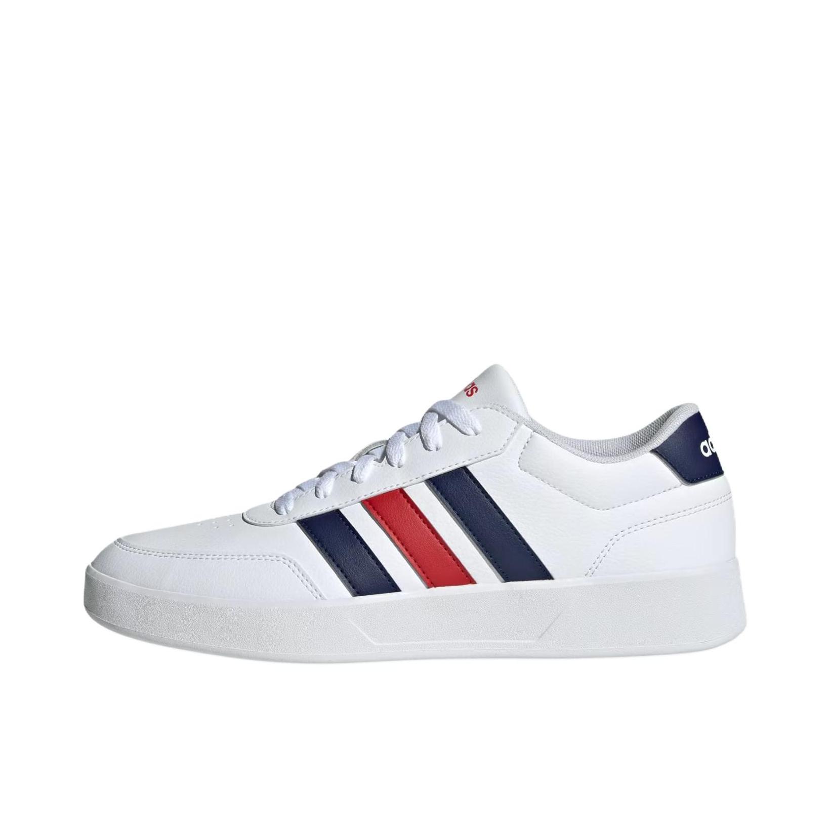推荐商品：adidas BREAKNET 3.0 板鞋 休闲舒适百搭合成革防水轻便 白色/蓝色/红色