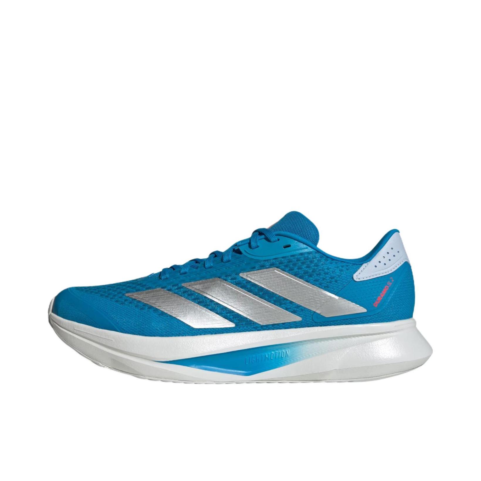 推荐商品：adidas DURAMO SL 2.0 跑鞋 百搭耐磨低帮系带透湿排汗鞋面网眼布短跑训练缓震防滑回弹备赛贴合耐穿支撑 蓝色/银色