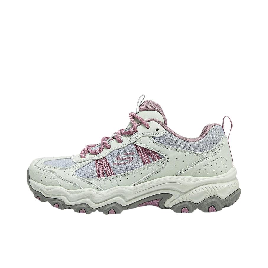 推荐商品：Skechers/斯凯奇  Stamina  云野 缓震 回弹支撑 网布 复古  老爹鞋 徒步鞋 户外鞋 女款/浅灰色/紫色