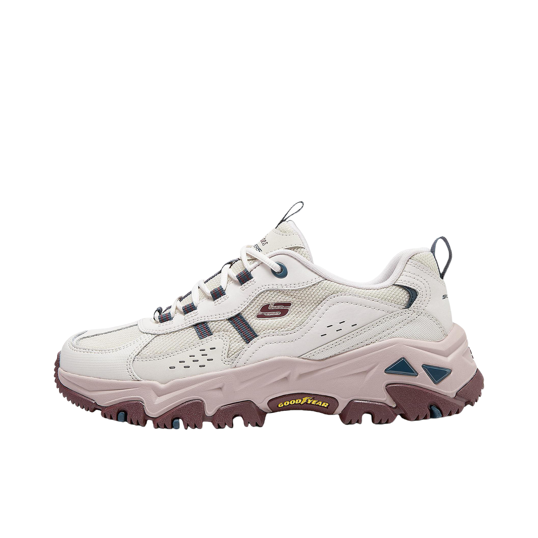 推荐商品：Skechers/斯凯奇  云屿  织物 减震回弹 网布透气 复古  徒步鞋 老爹鞋 户外鞋 女款/粉红色/海军蓝