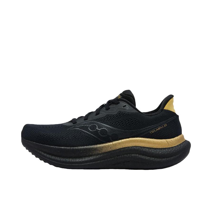 推荐商品：Saucony/索康尼 Triumph 胜利 23 跑鞋 慢跑缓震支撑训练防滑轻便 黑色/金色
