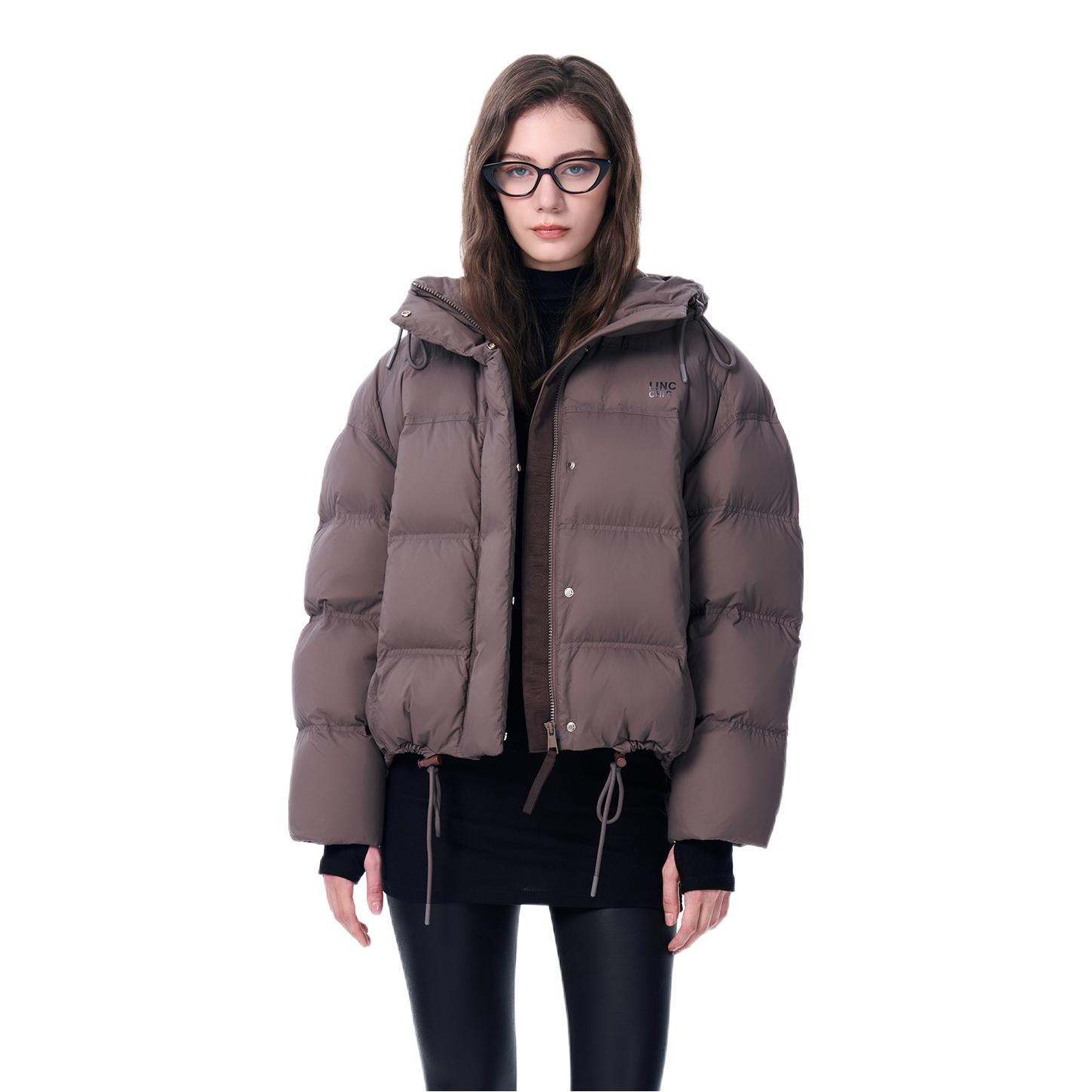 推荐商品：LINC/金羽杰 落肩廓形短款长袖羽绒服 女装 Y25802125 摩卡深棕