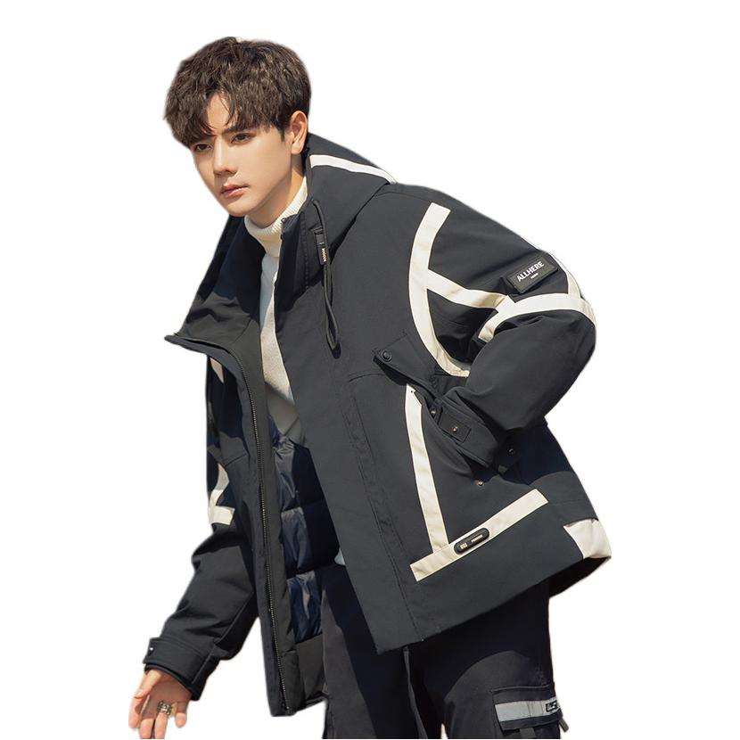 推荐商品：堡赛 工装派克加厚三防连帽羽绒服 BS-23111 黑白条