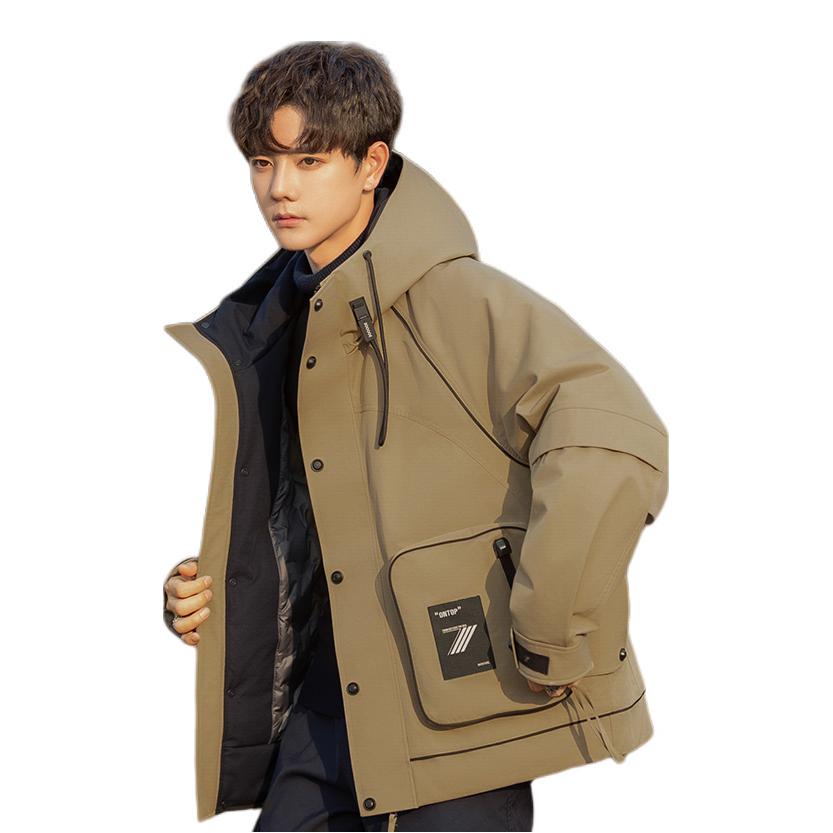 推荐商品：YINNPULL/鹰普 保暖亲肤连帽加厚工装长袖羽绒服 YP-23162 咖