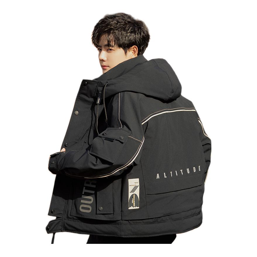 推荐商品：YINNPULL/鹰普 保暖亲肤连帽加厚工装长袖羽绒服 YP-23162 百搭黑