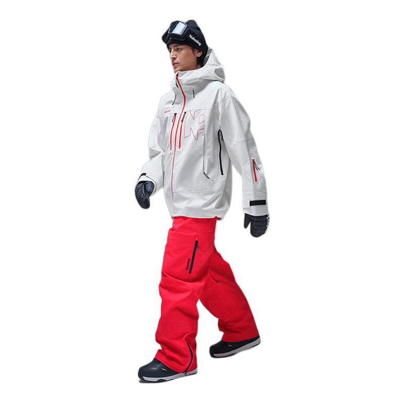 推荐商品：Nobaday 防水防风透气连帽滑雪服 NDAWAPM13030 珍珠白上装+丹红下装