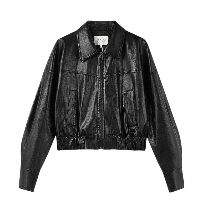 推荐商品：CHIU·SHUI/秋水伊人 下摆松紧通勤风短款长袖皮衣 女装 625308A070147 黑