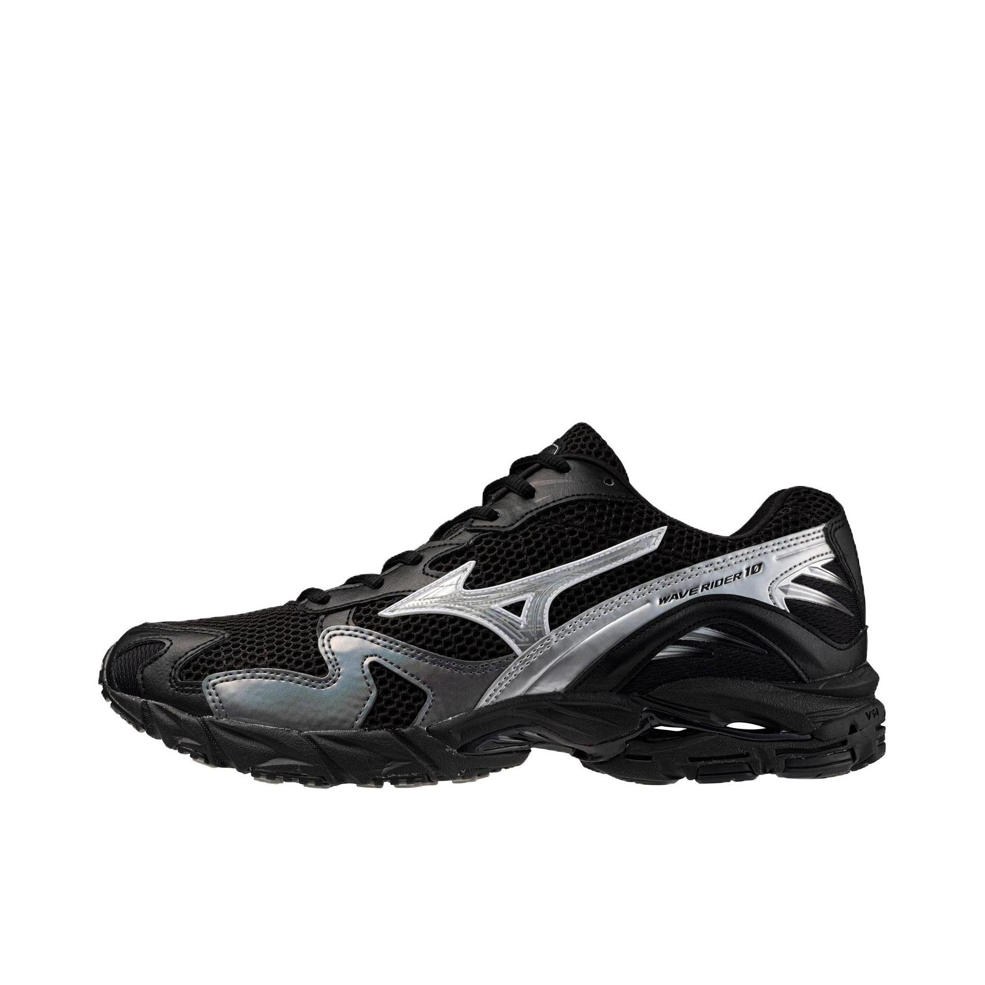 推荐商品：Mizuno/美津浓  Wave Rider 10  经典减震 防滑耐磨 轻便  网布 透气 织物 复古 合成革 运动  跑鞋 深黑色/灰色
