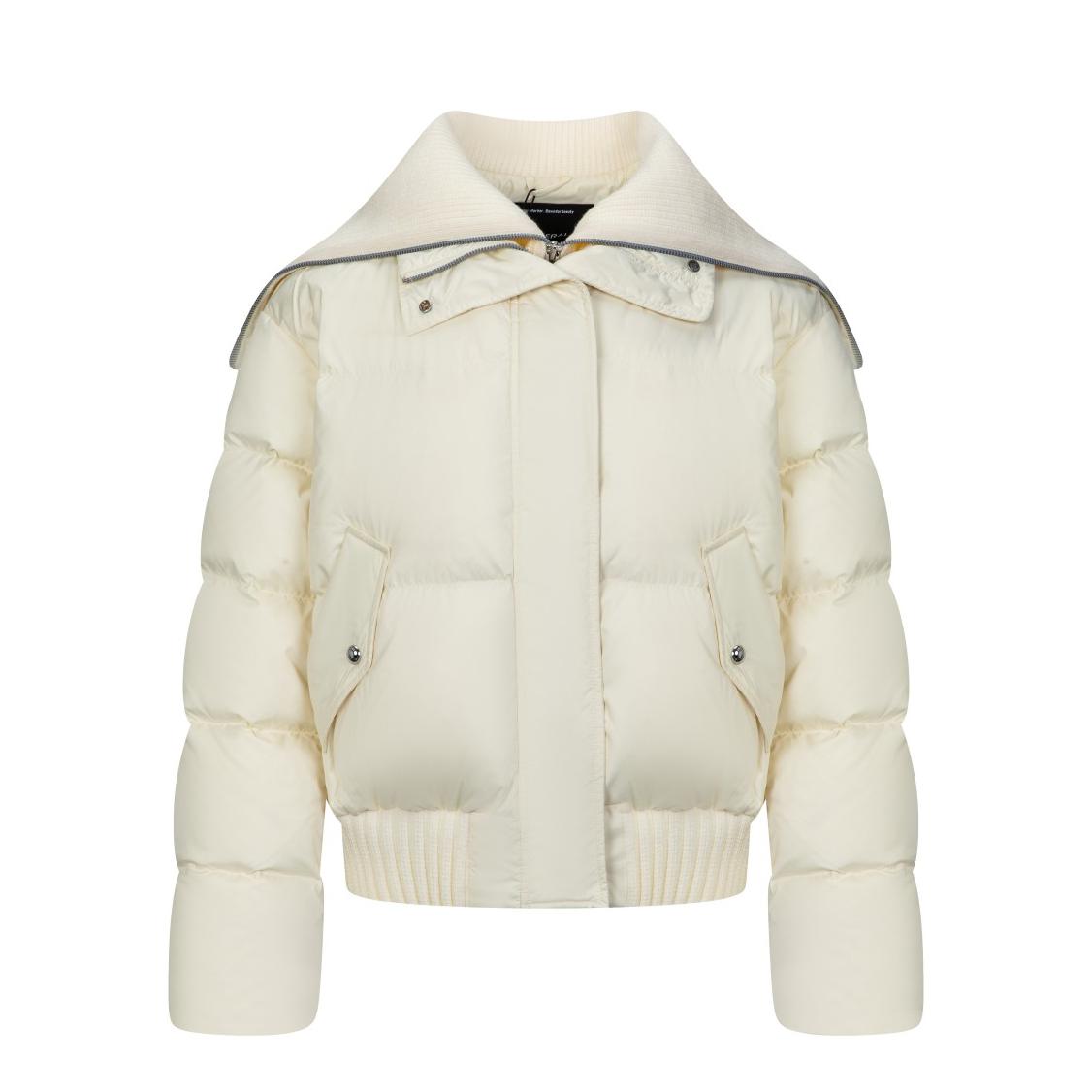 推荐商品：艾莱依  翻领假两件拼接保暖鸭绒立领羽绒服 女装 6024704237 椰白